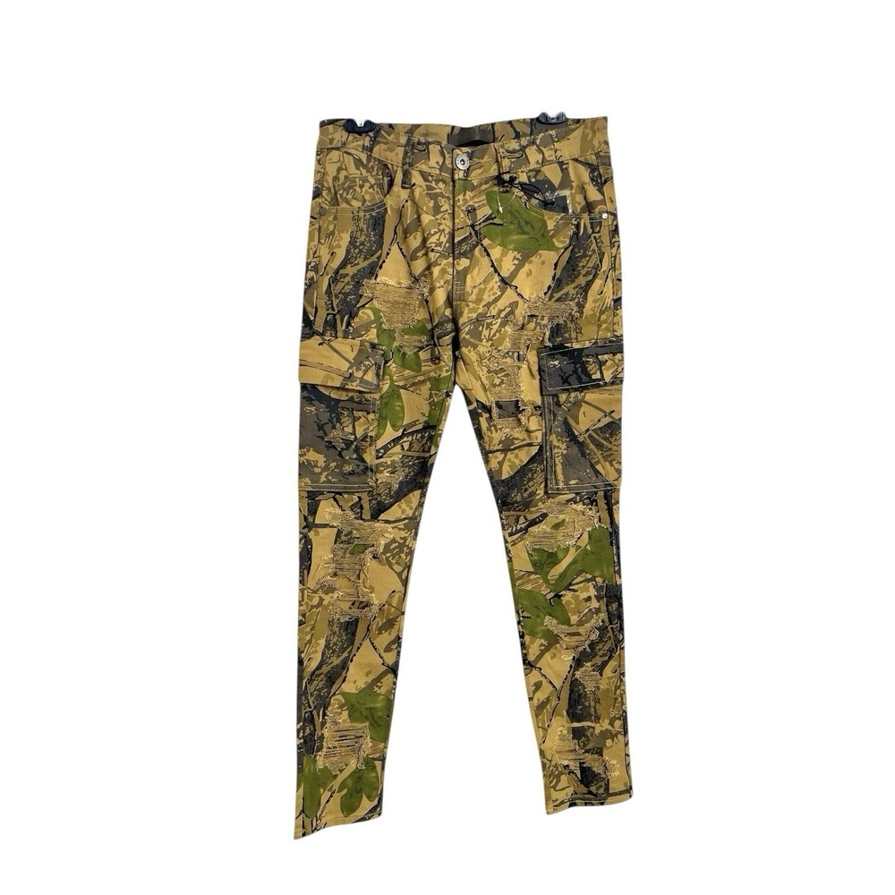 KDNK Mens Forest Camo Brown Pants 32/31.5 Skinny Ripped Patches Outdoor Jeans - Picture 6 of 16
